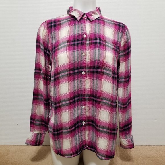 Lucky Brand top Medium plaid check flannel button up patch pocket long sleeve - Picture 1 of 15